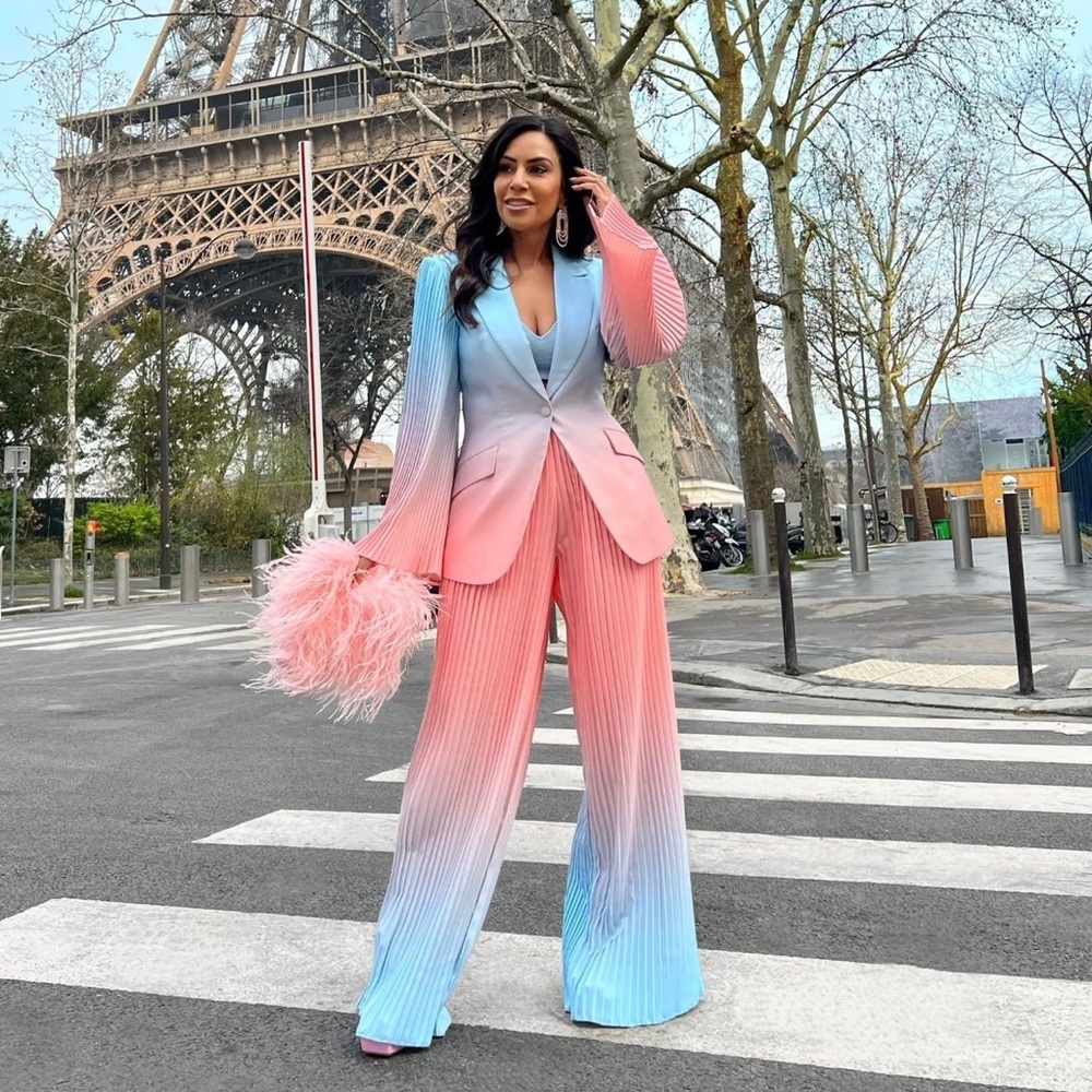 PINK AND BLUE OMBRE PLEATED WIDE LEG PANT SUIT